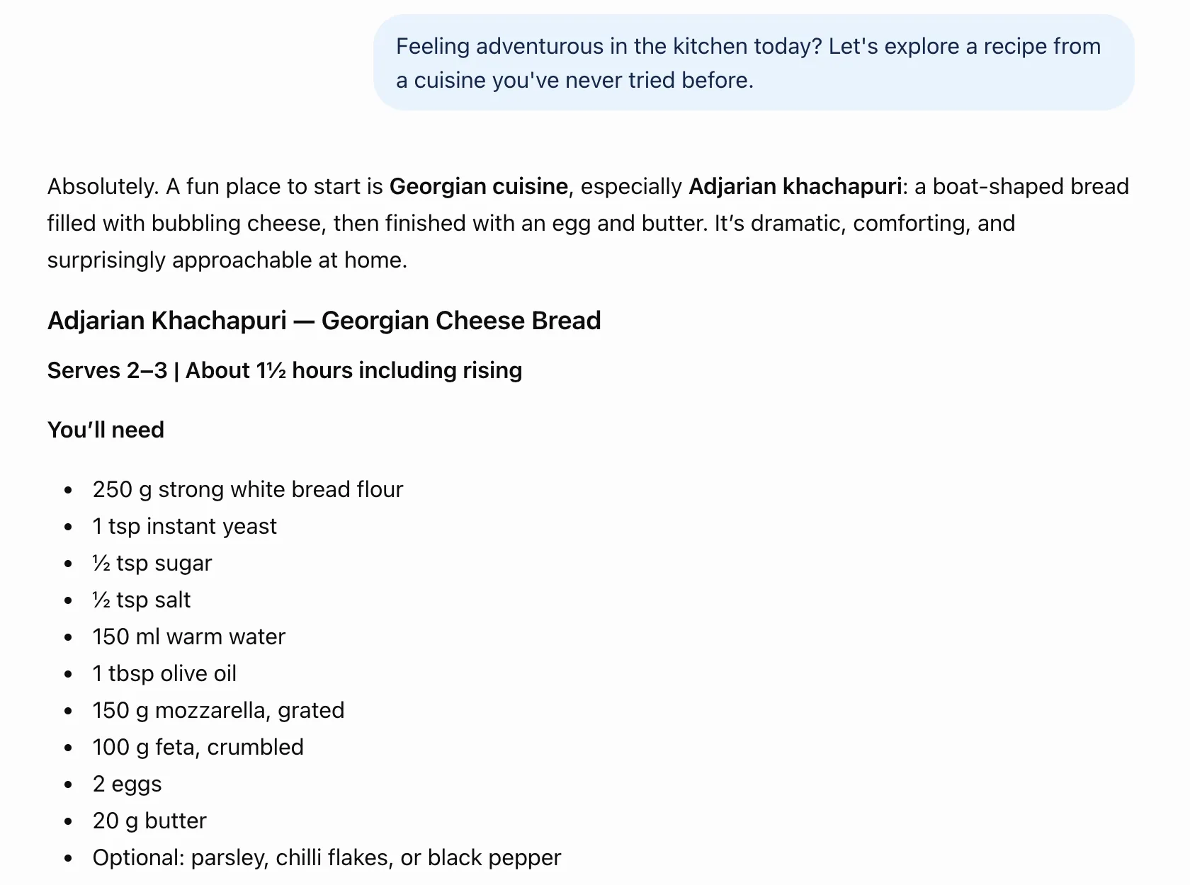 A ChefBot GPT conversation. The starter reads: Feeling adventurous in the kitchen today? Let's explore a recipe from a cuisine you've never tried before. ChefBot suggests Georgian cuisine and gives a recipe for Adjarian khachapuri, a boat-shaped cheese bread, serving two to three, with a list of eleven ingredients in metric quantities.