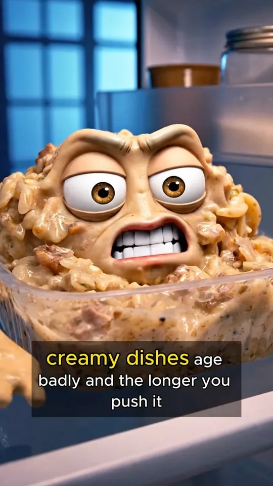 Animated creamy pasta with an angry face in a plastic tub inside a fridge, with English captions.