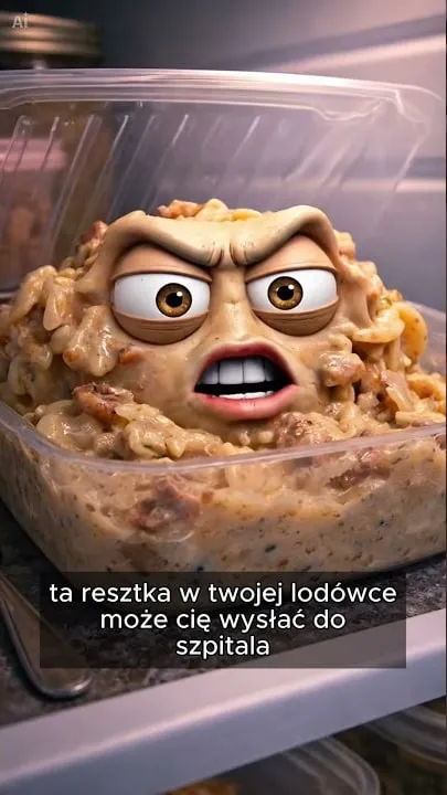 The same animated pasta character in a plastic tub, with Polish captions.