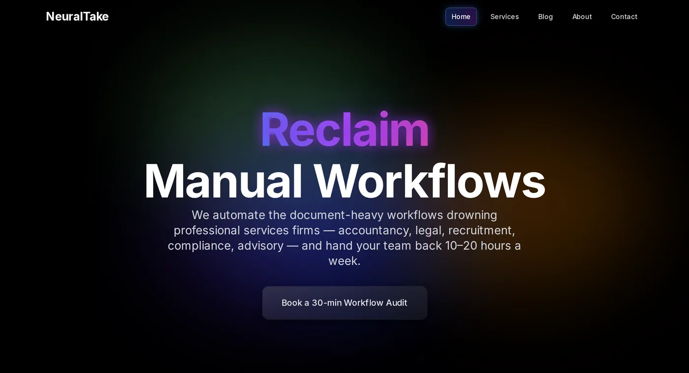 The neuraltake.com homepage with the headline Reclaim Manual Workflows and a button to book a workflow audit.