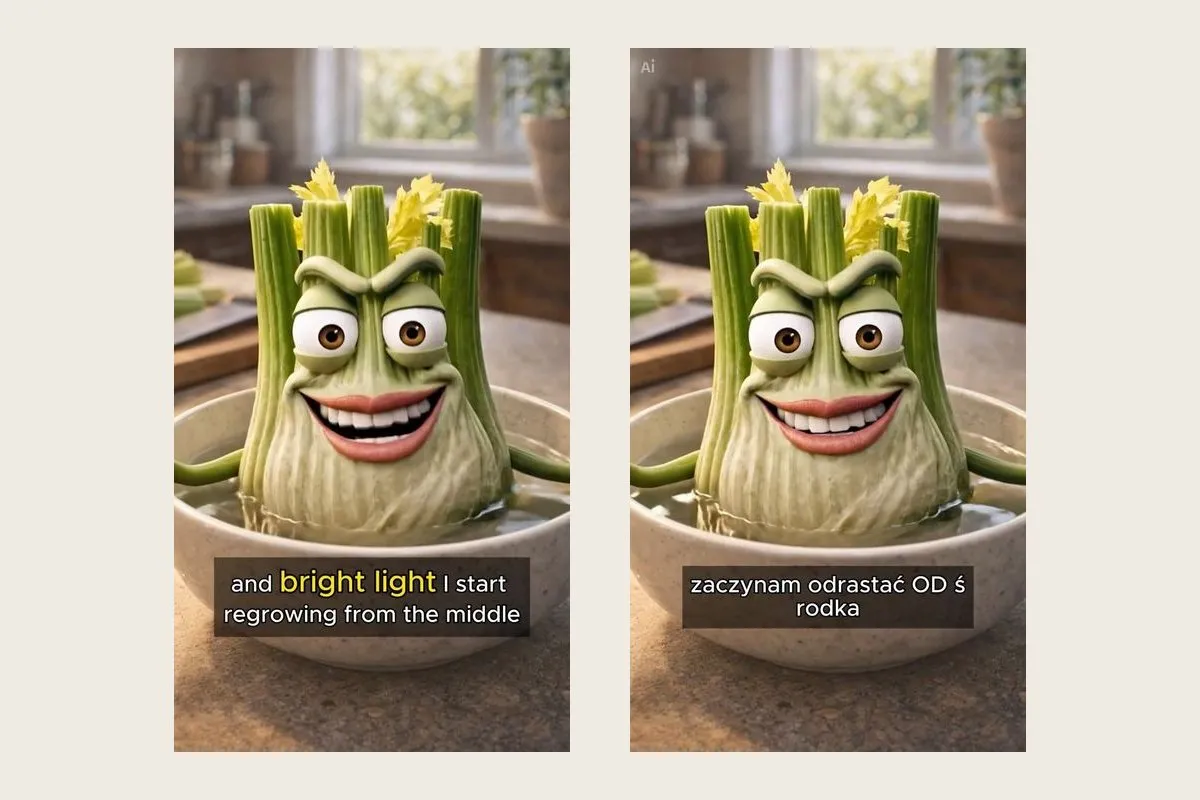 Two vertical video thumbnails side by side: an animated celery plant with a face standing in a bowl of water, captioned in English on the left and in Polish on the right.