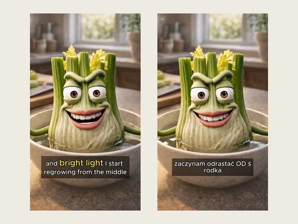Two vertical video thumbnails side by side: an animated celery plant with a face standing in a bowl of water, captioned in English on the left and in Polish on the right.